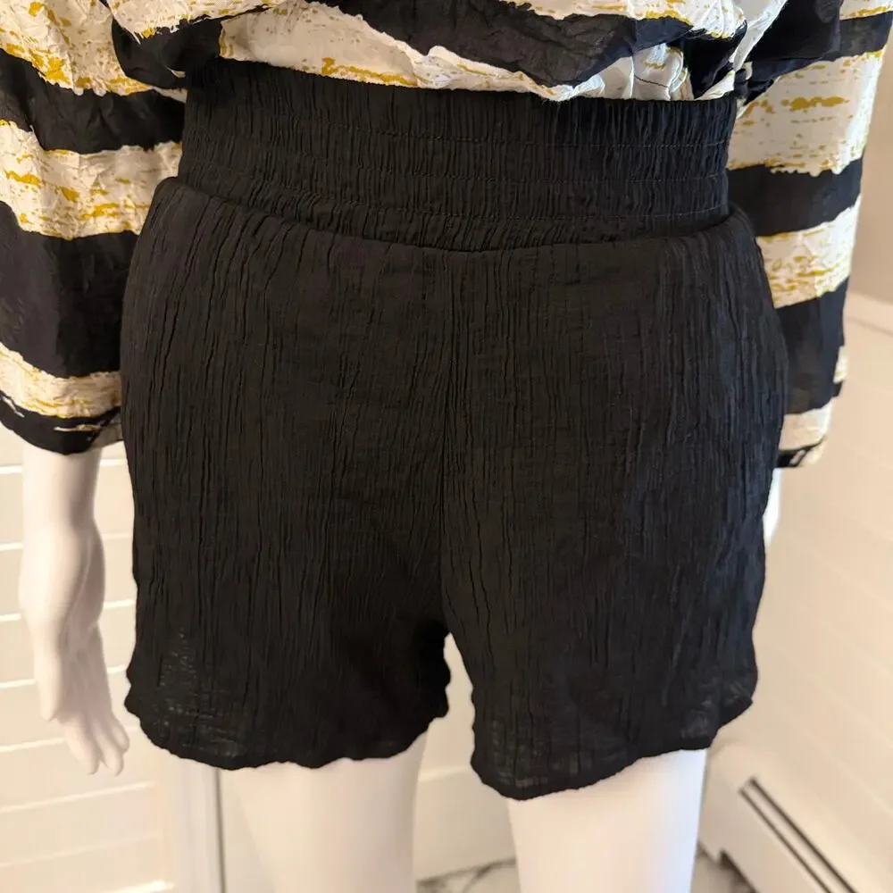 Zara Black Cotton Crinkle Gauze Shorts Smocked Waist Pull On Boho Flowy Sz XS 4